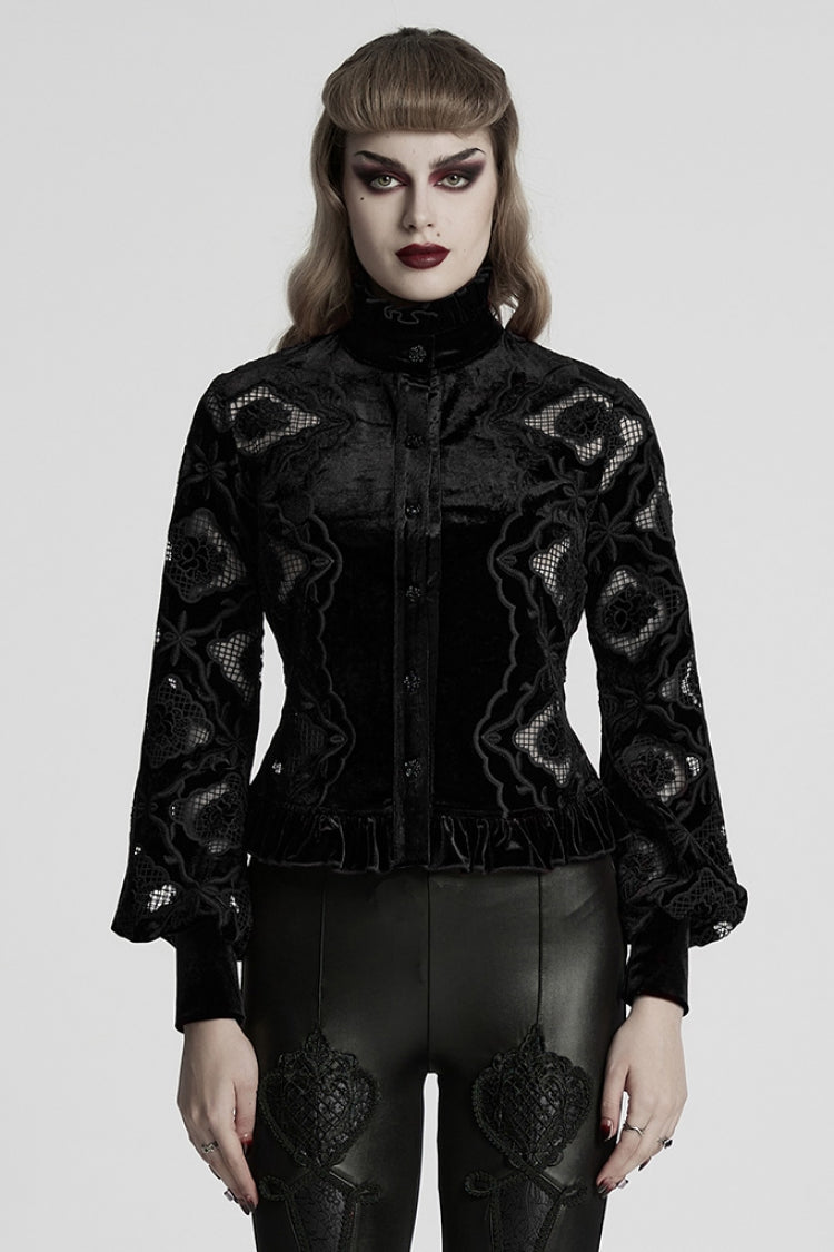 Blouse gothique noire à manches longues avec volants et broderie florale pour femmes 