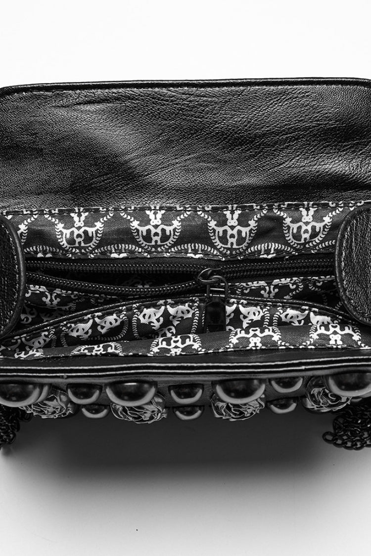 Black Beaded Rose Rivet Women's Gothic Faux Leather Clutches