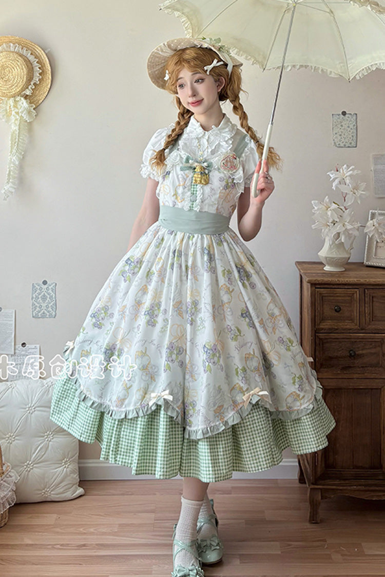 [Blueberry Early Summer] Sleeveless Print Ruffle Bowknot Sweet Lolita Jsk Dress 2 Colors
