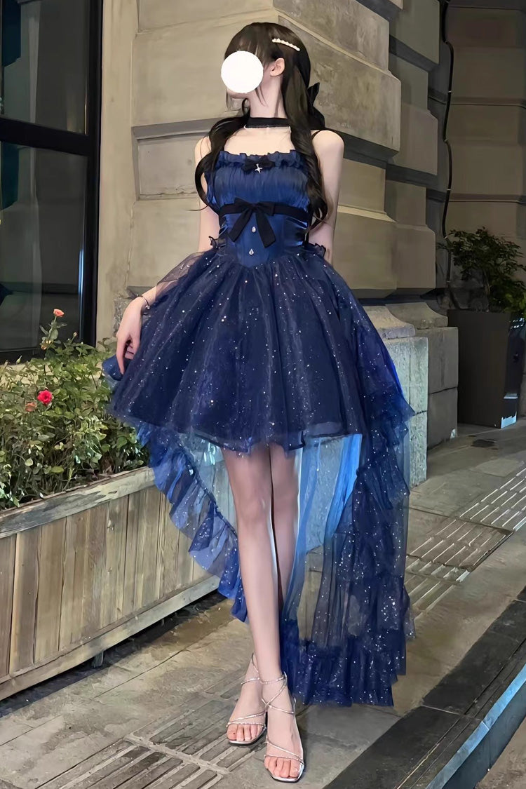 Blue Shining Bowknot Irregular Sweet Princess Gorgeous Lolita Jsk Dress