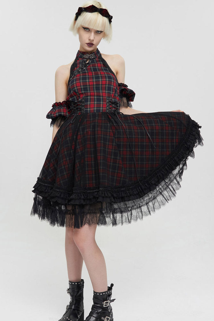 Black/Red Punk Off The Shoulder Plaid Chinese Style Cheongsam Collar Oversized Hem Women's Dress