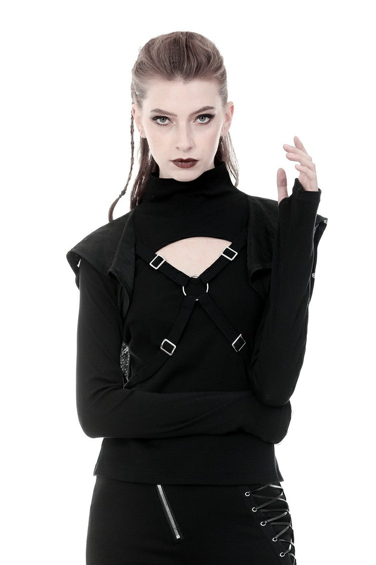 Haut à capuche noir à manches longues pour femmes, Punk, découpe, connexion croisée sur le devant