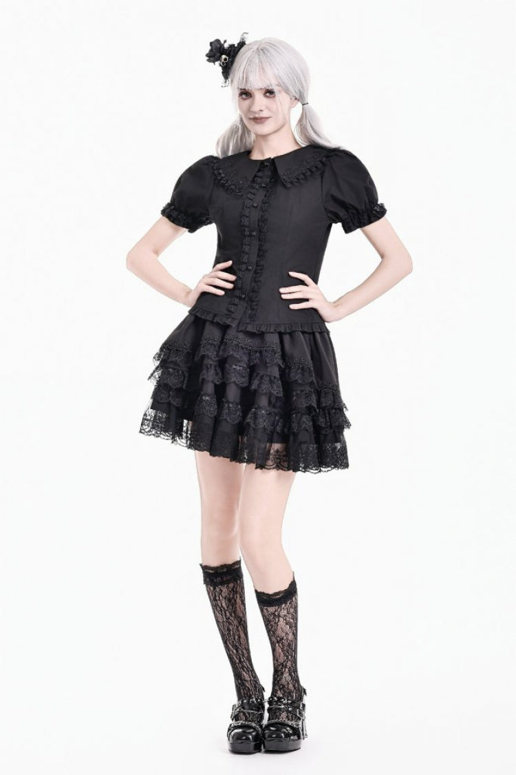 Chemisier gothique en dentelle noire à volants et col Peter Pan à manches courtes bouffantes pour femmes
