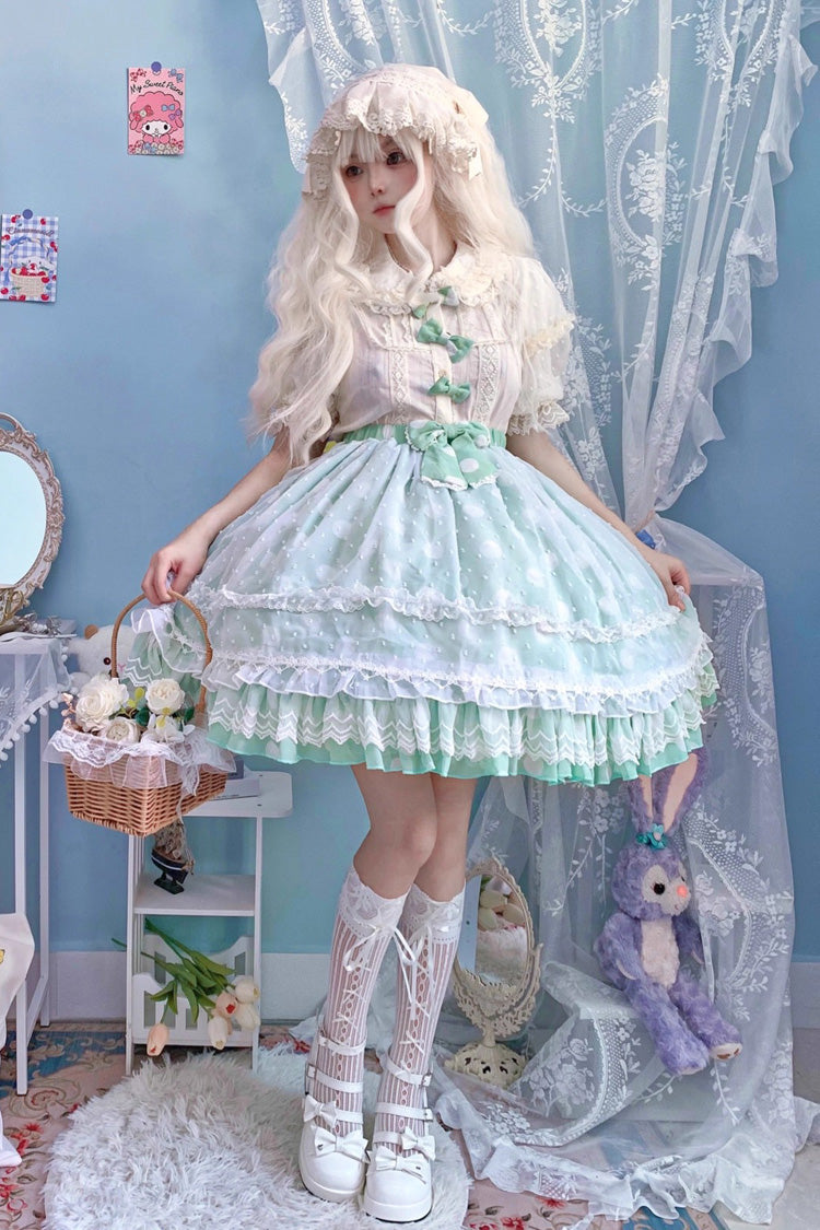 [Wave Candy] Jupe Lolita douce à nœud à volants imprimé triple couche 3 couleurs 