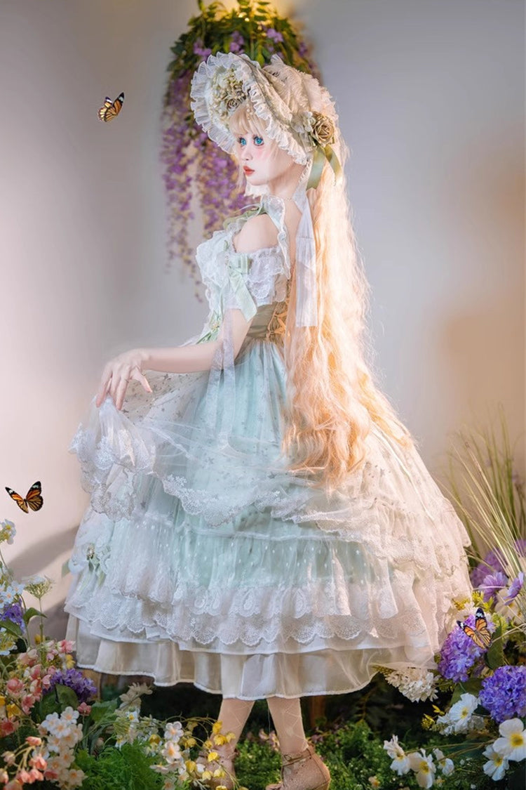 Green [Glazed Phantom] Off Shoulder Ruffle Hanayome Bowknot Lace Sweet Elegant Lolita Dress