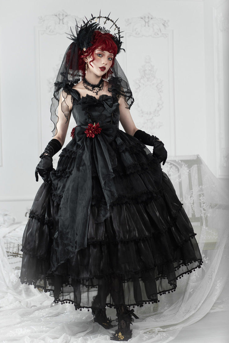 Black Multi-Layered Ruffled Hanayome Bow Pearl-Decorated Gothic Lolita Jsk Dress Full Set 2 Versions