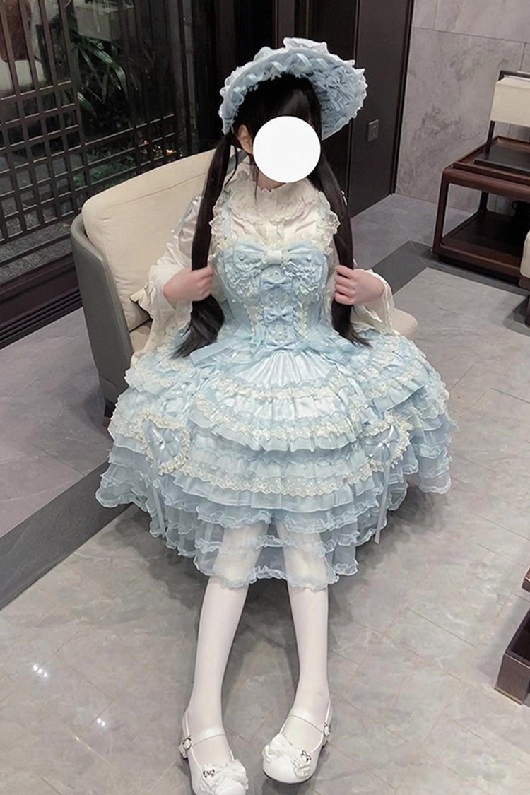 Robe Jsk Sweet Lolita en dentelle à nœud papillon broderie Hanayome à volants multicouches bleu [Sweetheart Diary] 
