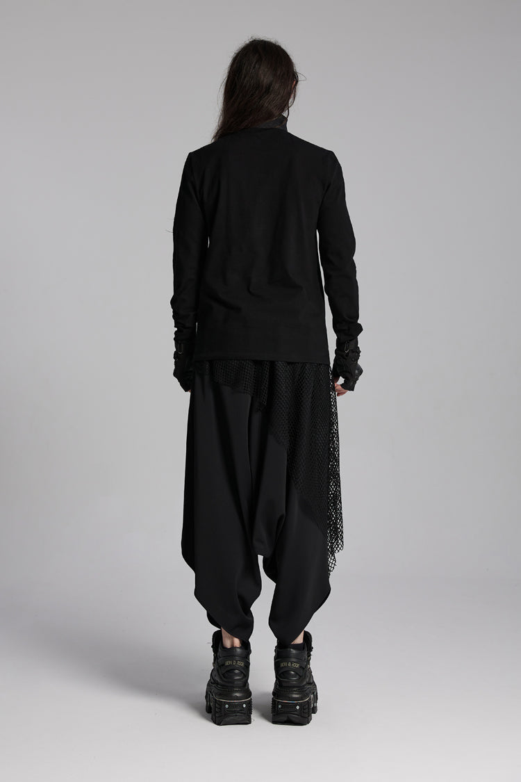 ブラック スタンドカラー 長袖 テックウェア バケットアップ ジップ メンズ パンク Tシャツ