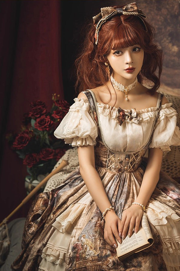 Brown [Cloria] Oil Painting Print Bowknot Lace Sweet Elegant Palace Lolita Jsk Dress