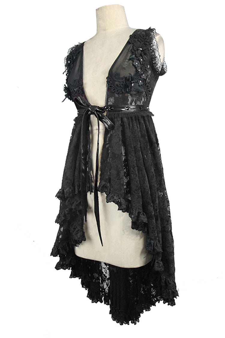 Schwarzes Gothic-T-Shirt mit Knoten in der Taille, Schnürung am Rücken und Rüschensaum, ärmellos, Rosenspitze, Netzstoff für Damen