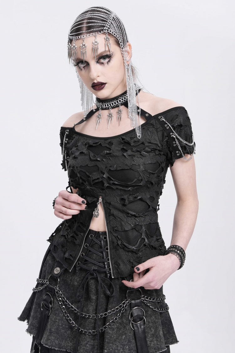 Black Off Shoulder Halterneck Ripped Women's Punk Blouse