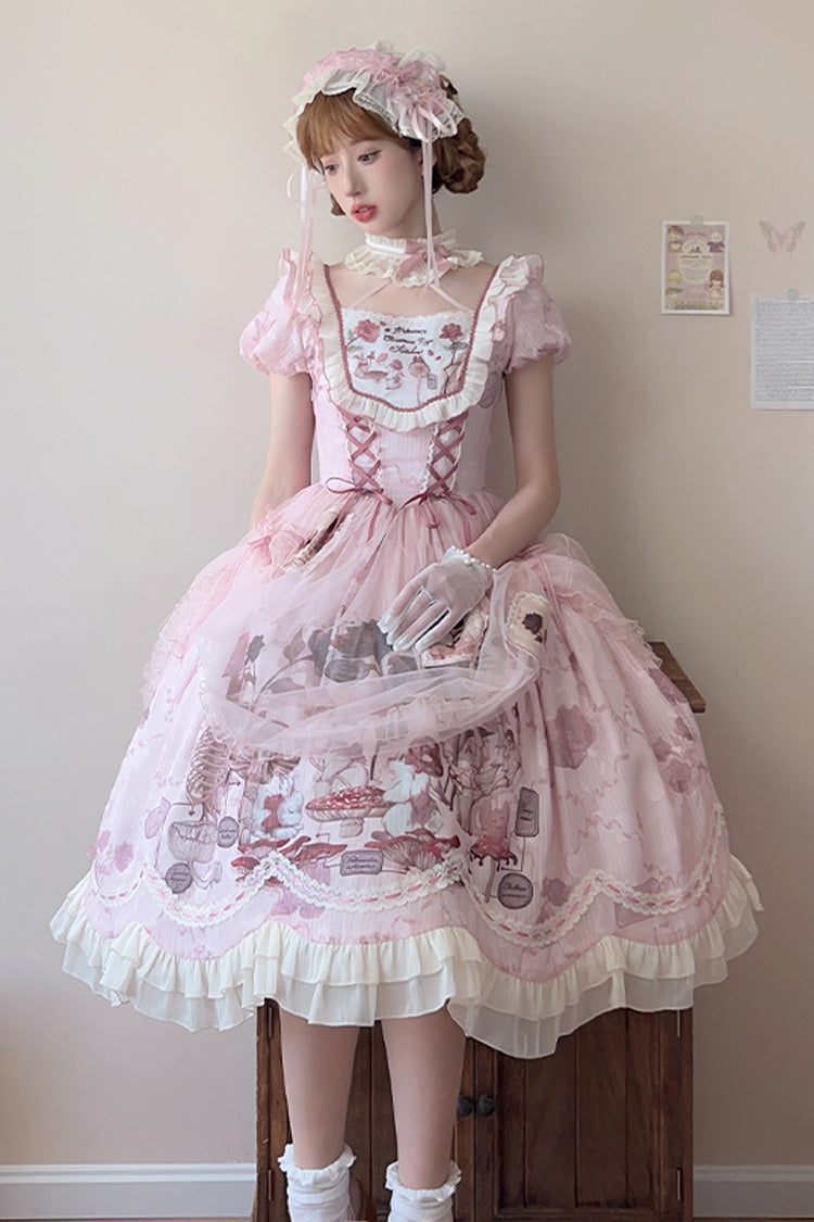 Süßes Lolita-Kleid mit rosa Kaninchen-Print, quadratischem Kragen, kurzen Ärmeln, Rüschen, Schleife und Spitze
