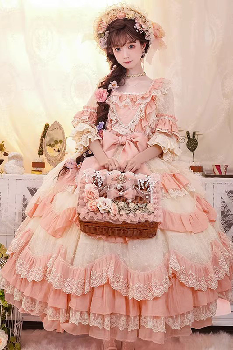 ピンク[フローラルガーデン]コテージコアスタイルスクエアカラー半袖多層フリル花嫁リボンレース甘いプラスサイズゴージャスロリータJskドレス