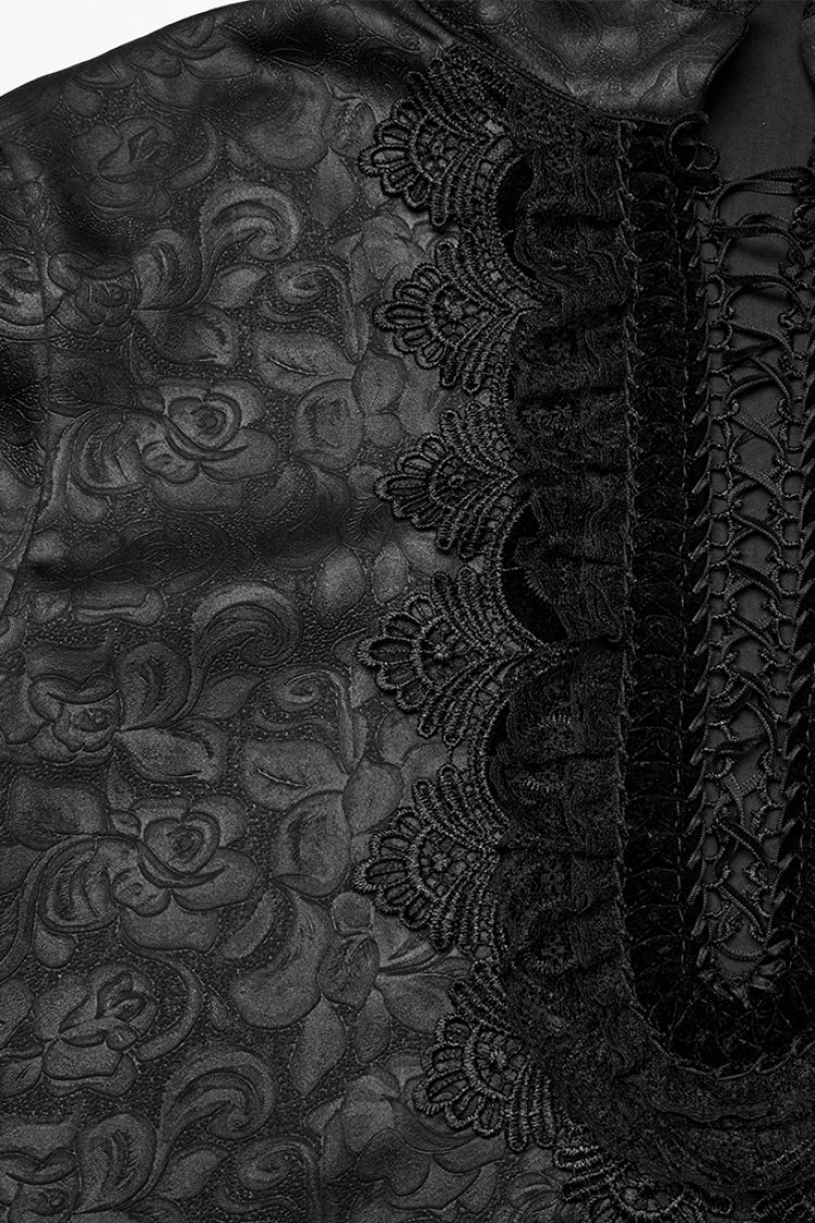 Black Stand Collar Long Sleeves Ruffle Embroidery Lace-Up Plunging Rose Men's Gothic Blouse