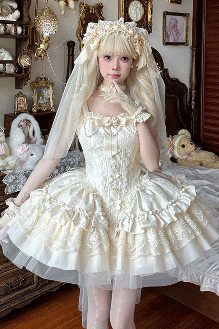 Ivory Sleeveless Multi-Layered Ruffle Bowknot Lace Lace-Up Sweet Princess Lolita Jsk Dress
