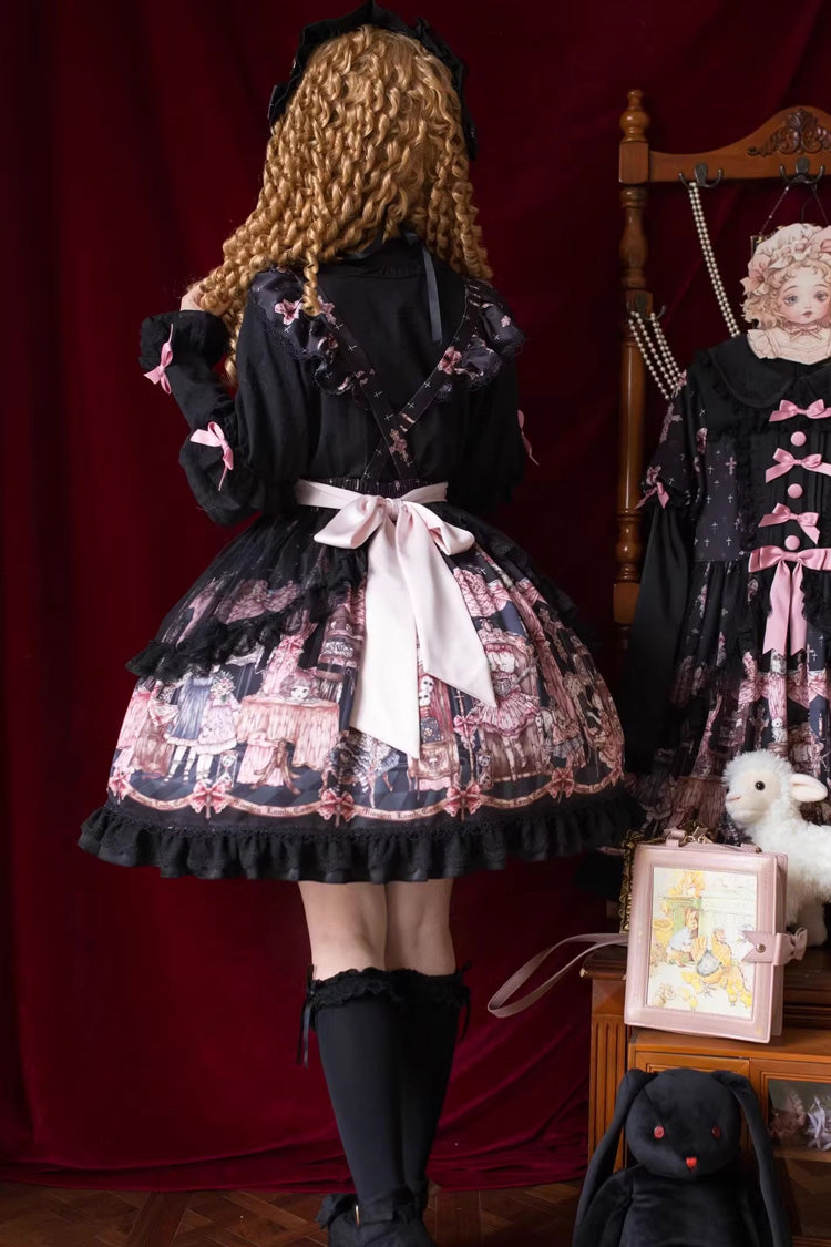 Black [The Case of the Missing Lamb] Print Ruffle Bowknot Lace Gothic Lolita SK Skirt