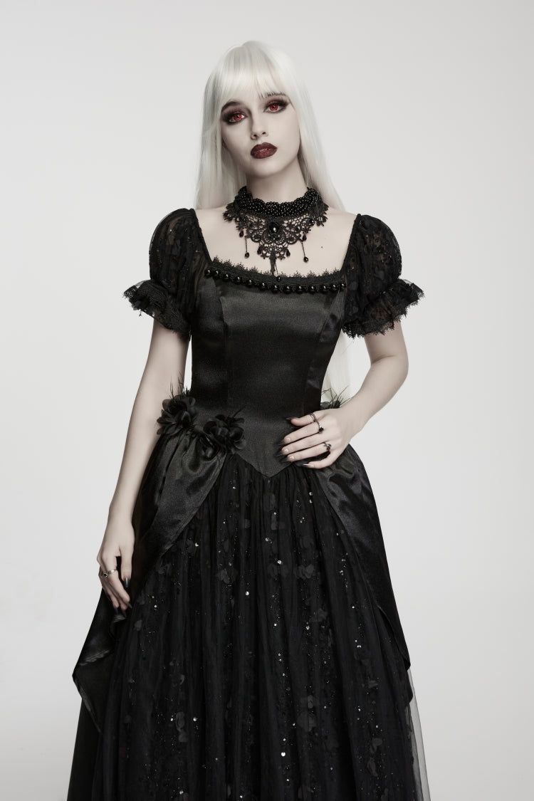 Schwarzer quadratischer Kragen, schulterfrei, kurze Puffärmel, mehrlagig, Hochzeitsstil, Patchwork-Spitze, Schnürung, Damen-Gothic-Prinzessin, luxuriöses, königliches, trägerloses Kleid