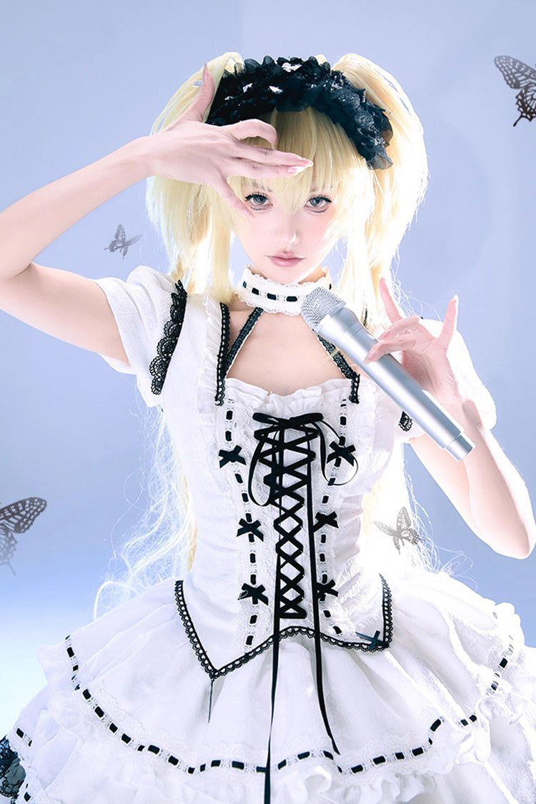 White [Witch] Long Trumpet Sleeves Double-Layered Ruffle Bowknot Lace-Up Gothic Lolita Skirt Dress Set