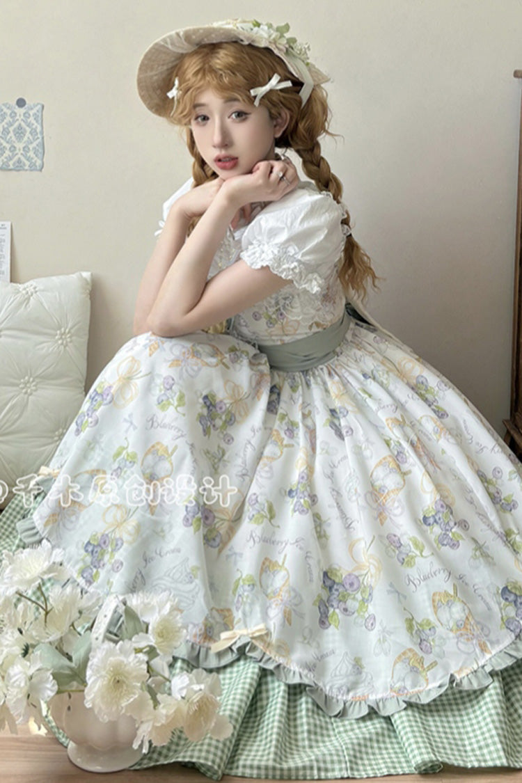 [Blueberry Early Summer] Sleeveless Print Ruffle Bowknot Sweet Lolita Jsk Dress 2 Colors