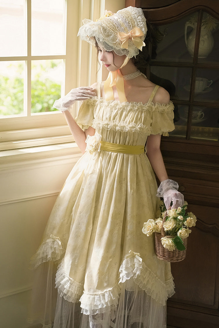Yellow [Falling Flowers as a Message] Square Collar Short Sleeves Print Ruffle Lace Sweet Elegant Lolita Long Dress