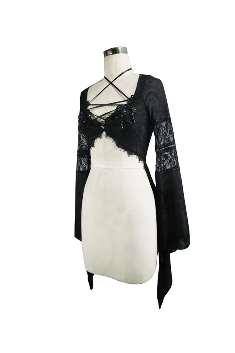 Schwarze, langärmlige Gothic-Bluse aus Netzgarn mit Spitze vorne, kurz und hinten lang für Damen