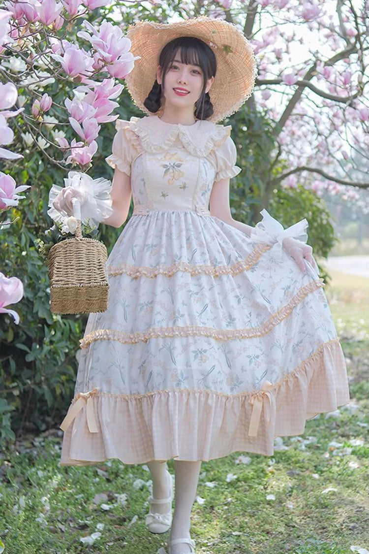 マルチカラー桜蝶プリント刺繍フリルスウィートロリータJSKドレス