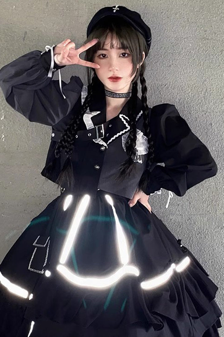 Black Night Talking Reflective Strip Long Sleeves Ruffle Pleated Gothic Lolita Dress Set