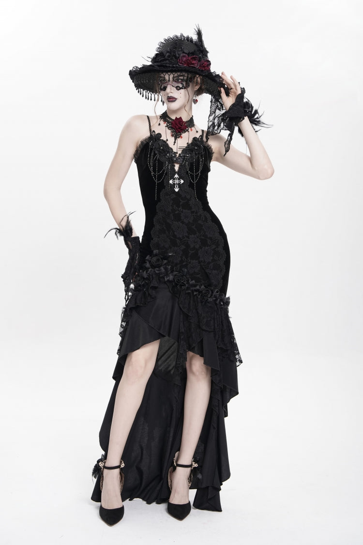 Black Sleeveless Cross Ruffled Floral Embroidered Chain-Decorated Women's Gothic Long Slip Dress