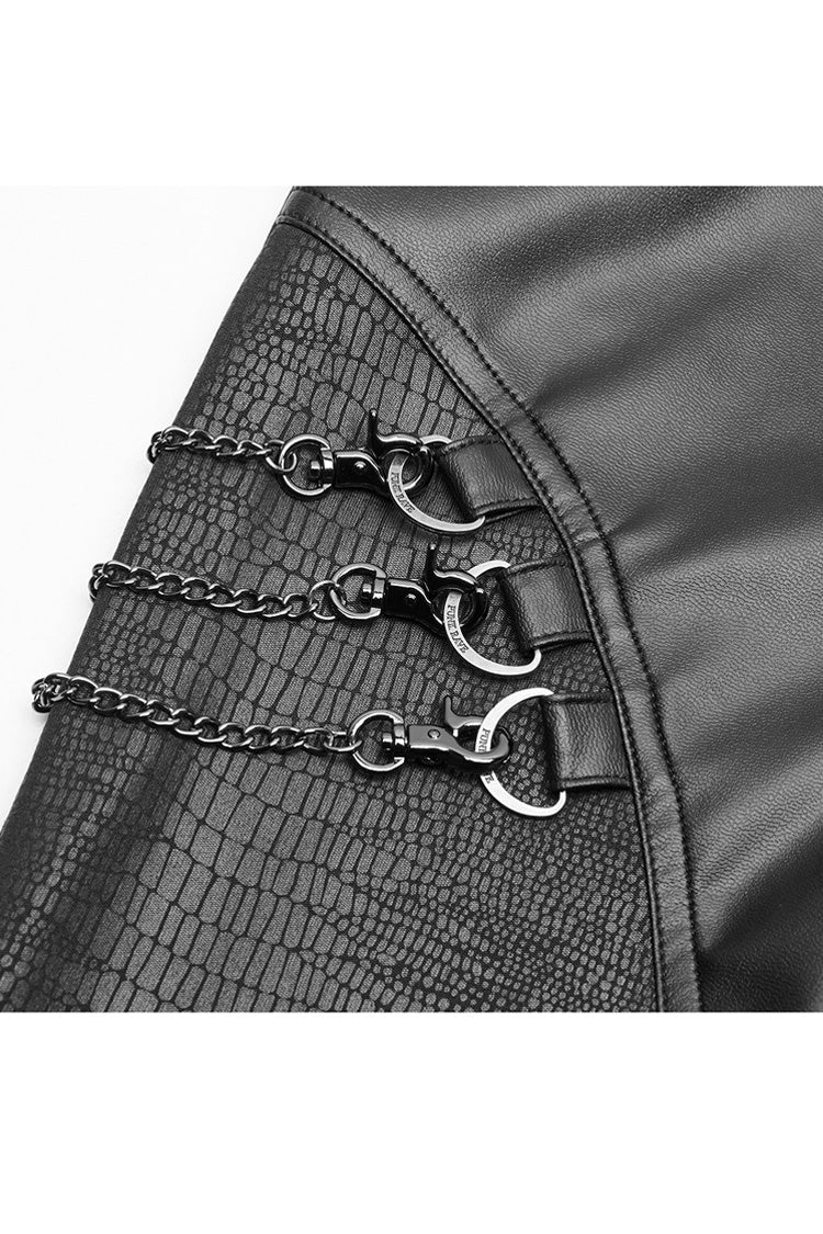 Schwarze Crack Velvet Splice Knit PU-Leder Metallschnalle Connect Chain Damen Punk Leggings