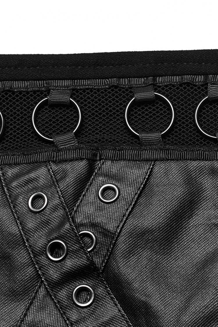 Black Faux Leather Stitching Mesh Eyelet Women's Punk Ring Shorts