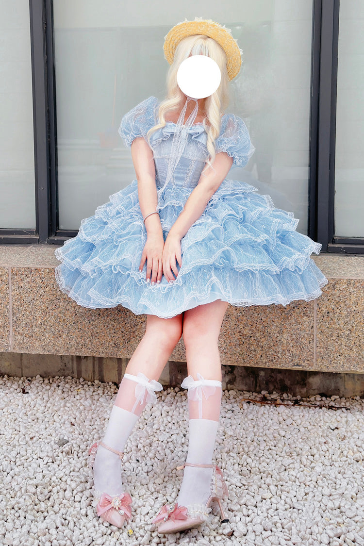 Blue Short Sleeves Multi-Layered Ruffle Hanayome Bowknot Lace Plus Size Sweet Lolita Dress