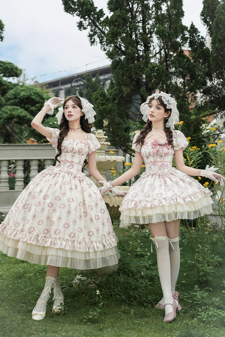 Robe courte Lolita douce à manches courtes ivoire [Rose après la pluie] à imprimé triple couche avec nœud à volants et lacets 