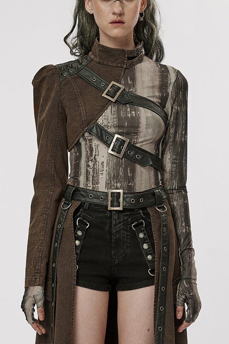 Damen Stehkragen Nietenschnalle Steampunk Einarmjacke 2 Farben