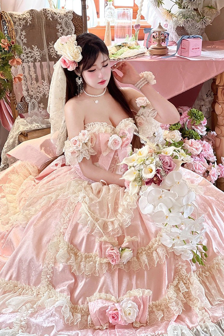 Pink [Love and Roses] Ruffle Hanayome Bowknot Lace Sweet Princess Lolita Jsk Dress
