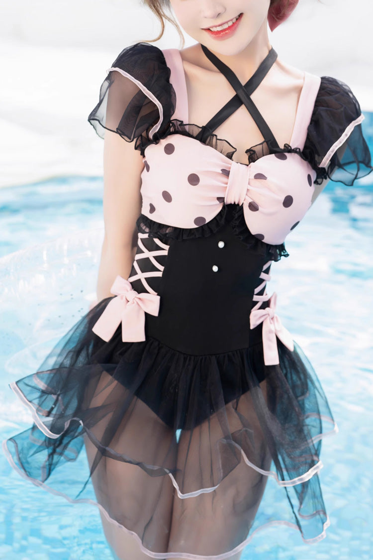 Black/Pink Blackberry Bubble Water Wave Dot Printing Bow Lolita One Piece Swimsuit