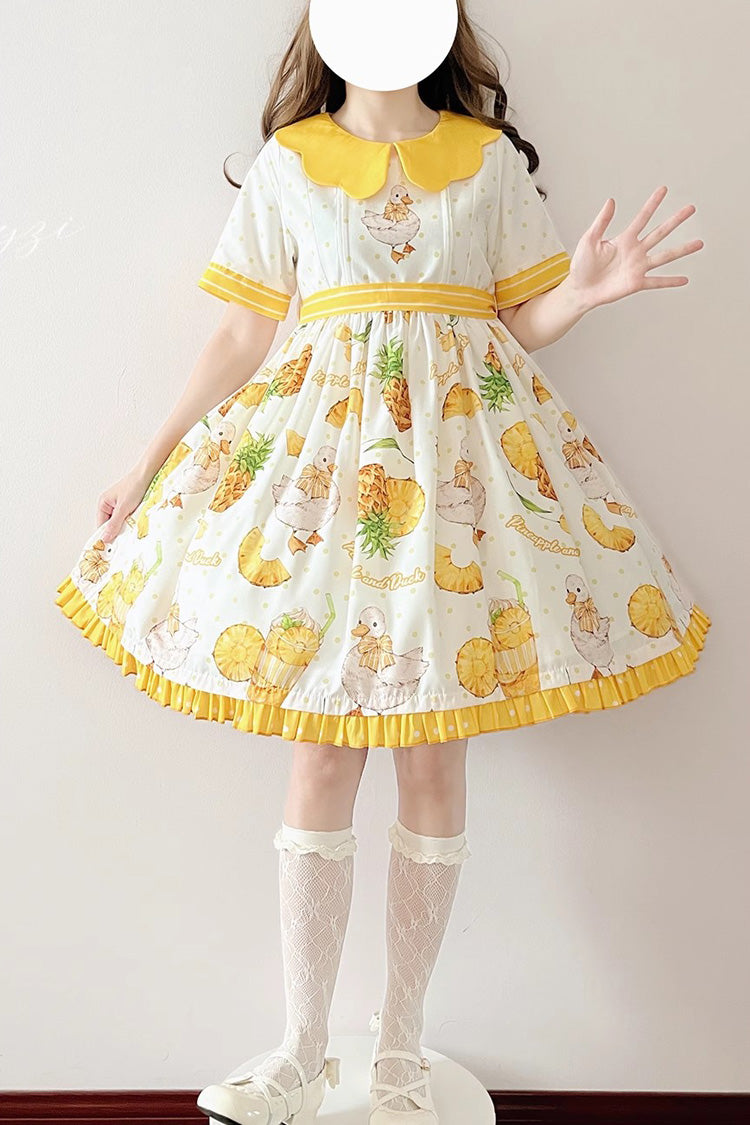 White/Yellow Short Sleeves Duck Print Bowknot Sweet Lolita OP Dress