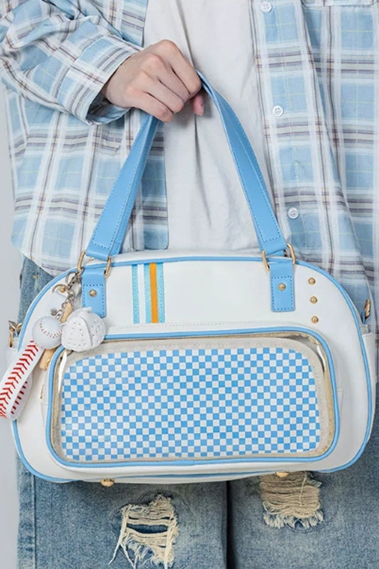 Preppy Baseball Checkerboard Clear Window PU Crossbody Handbag Ita Bag