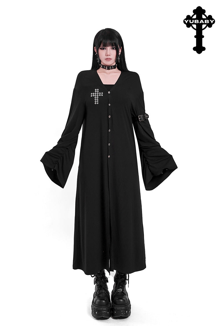 Black Long Sleeves Cross Studded Back Women's Gothic Long Coat