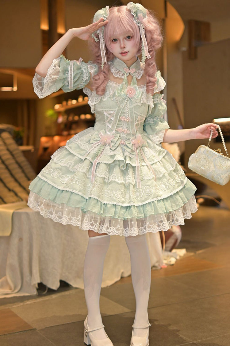 Grünes [Regen von Pfirsichen] Ärmelloses Mehrschichtiges Schleifen-Spitzen-Süßes Chinesisches Lolita Jsk Kleid 