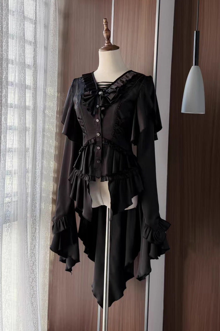 [Echoes of the Deep Sea] Long Hime Sleeves Ruffled Bow Lace-Up Gothic Ouji Lolita Blouse 4 Colors