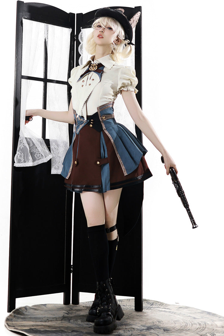 [Conducteur de Train de la Ville des Fées] Ensemble Jupe Lolita Punk Élégant à Manches Courtes avec Broderie de l'Académie Britannique 