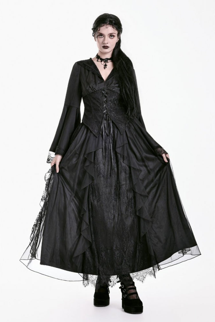 Black Women's Gothic Baroque Multi-Layered Ruffled Lace Mesh Drawstring Waist Maxi Skirt