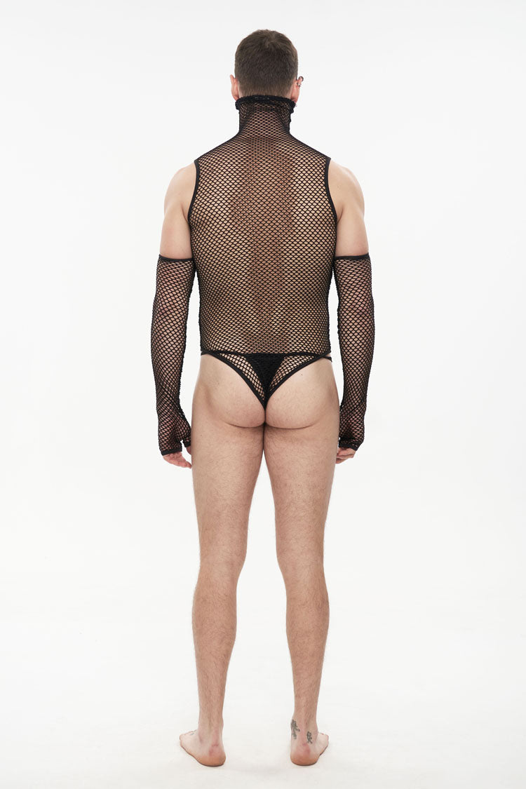 Black Transparent Mesh Sexy Super High Collar Masked Glove Thong Men's Punk Onesie