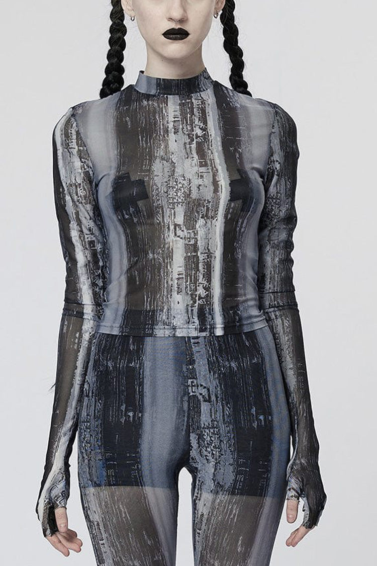 Black/Grey Long Sleeves Print Mesh Tie-dyed Women's Steampunk T-Shirt