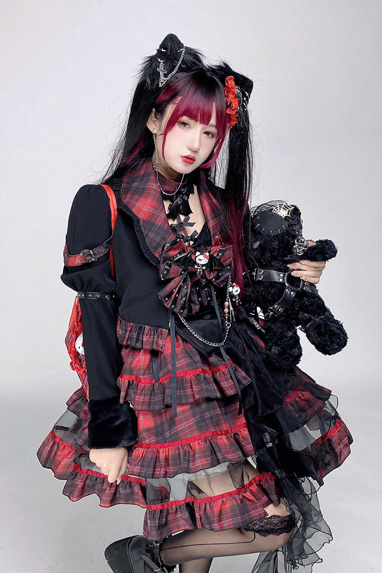 Women's Punk Lolita Red Tartan Short Coat