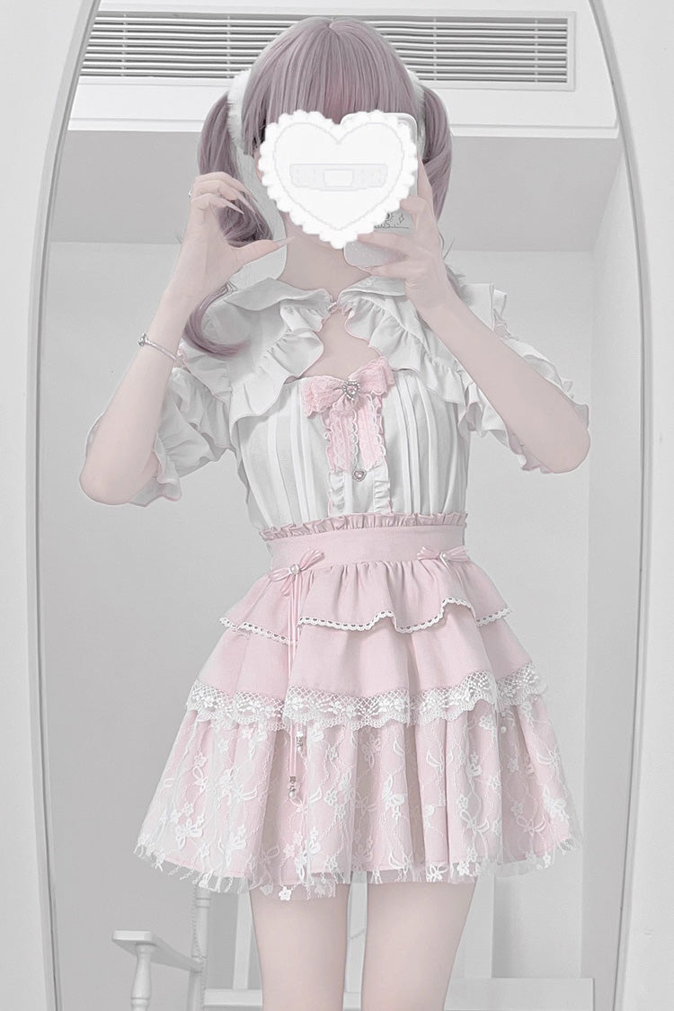 White/Pink Short Sleeves Triple-Layered Ruffle Bowknot Lace Jirai Kei Japanese Skirt Set