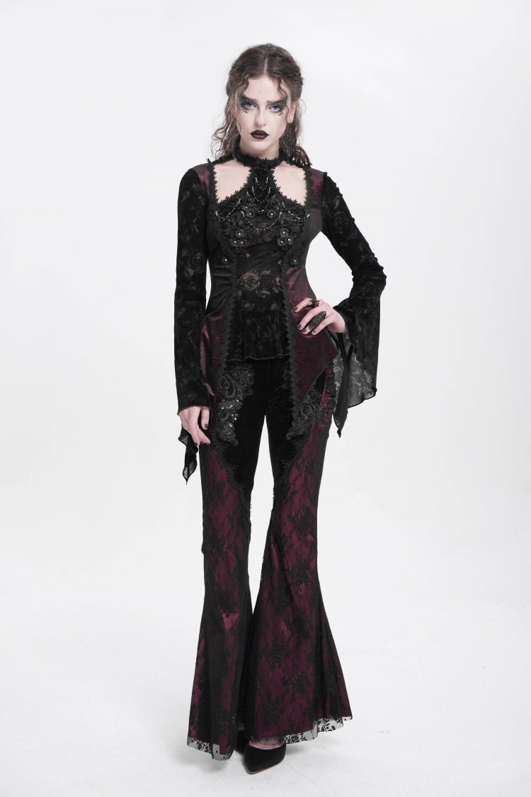 Red Long Trumpet Sleeves Jacquard Cutout Women's Gothic Blouse