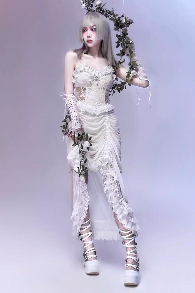 White [Redemption of the Deity] Drawstring Ruffle Embroidery Lace Pleated Gothic Lolita Jsk Dress