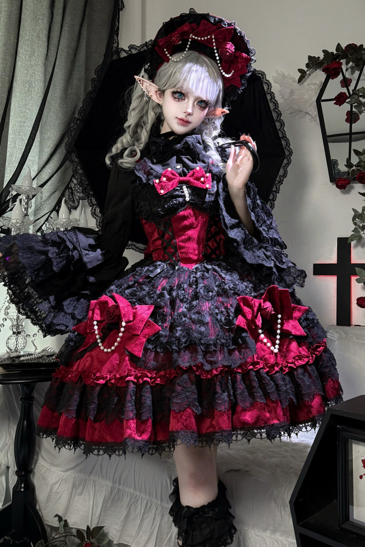 Black/Red [Rose Princess] Sleeveless Ruffle Bowknot Lace Lace-Up Gothic Ballet Lolita Jsk Dress