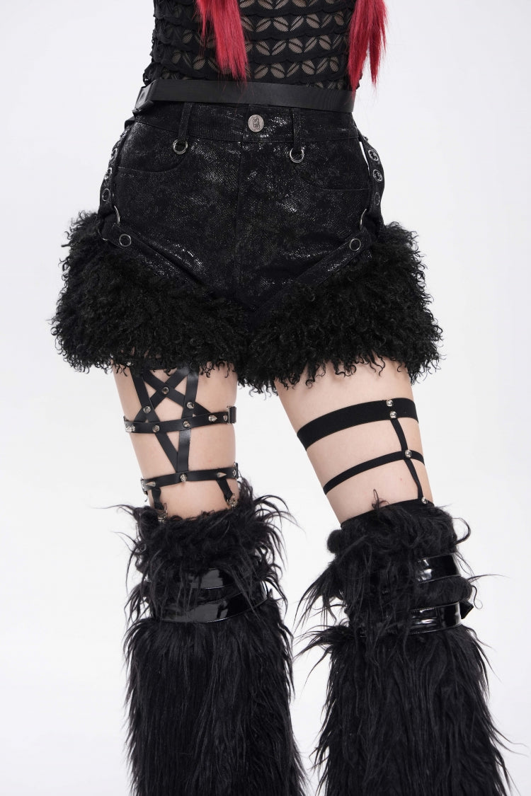 Black Plush Stitching Buckle Straps Women's Punk Shorts